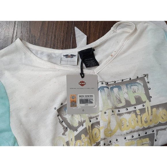 Harley-Davidson Women's Aquamarine Cream Two Tone Tie Up Size L T-Shirt. READ! - Picture 9 of 12